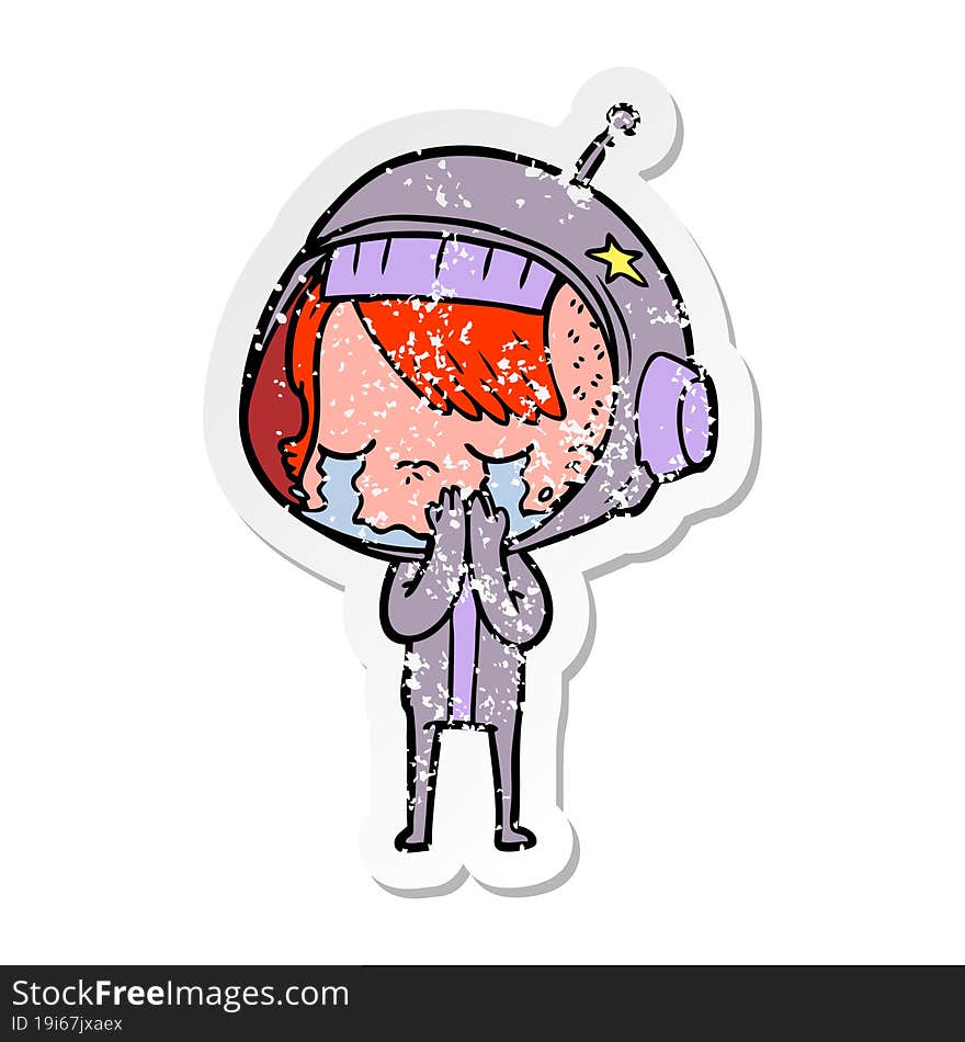 distressed sticker of a cartoon crying astronaut girl