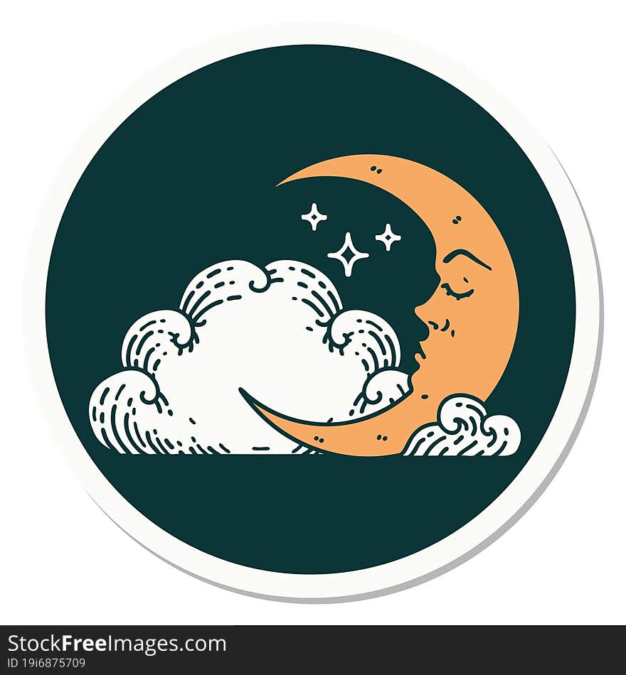 Tattoo Style Sticker Of A Crescent Moon And Clouds