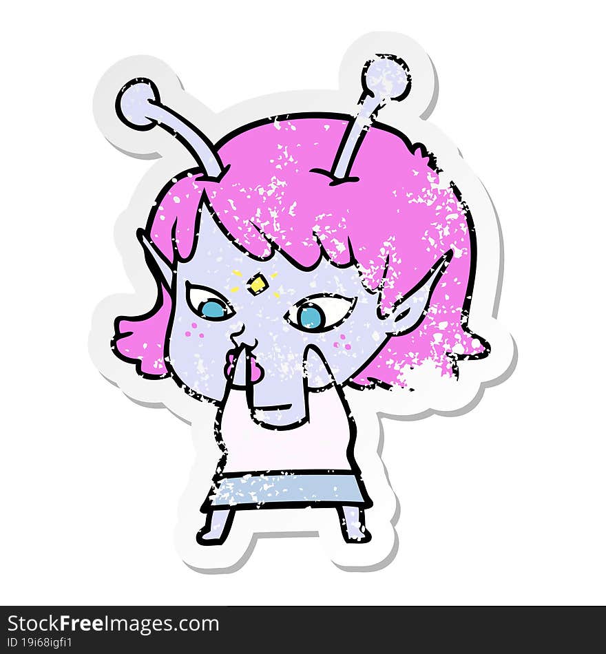 distressed sticker of a pretty cartoon alien girl