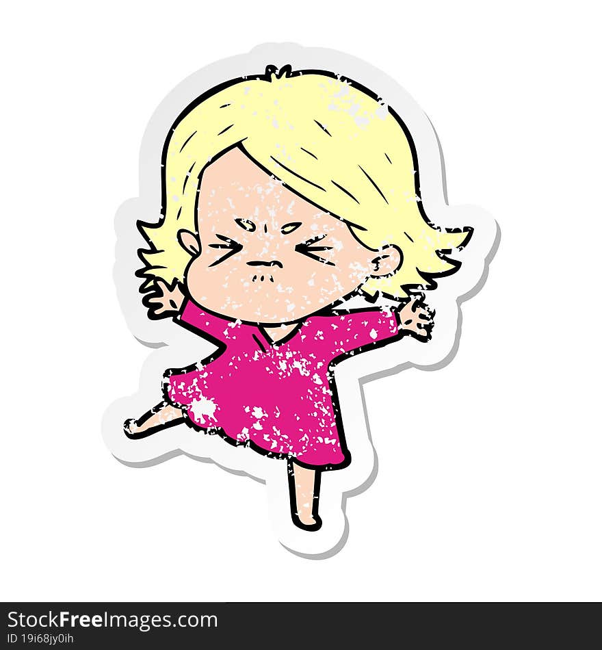 distressed sticker of a cartoon angry woman