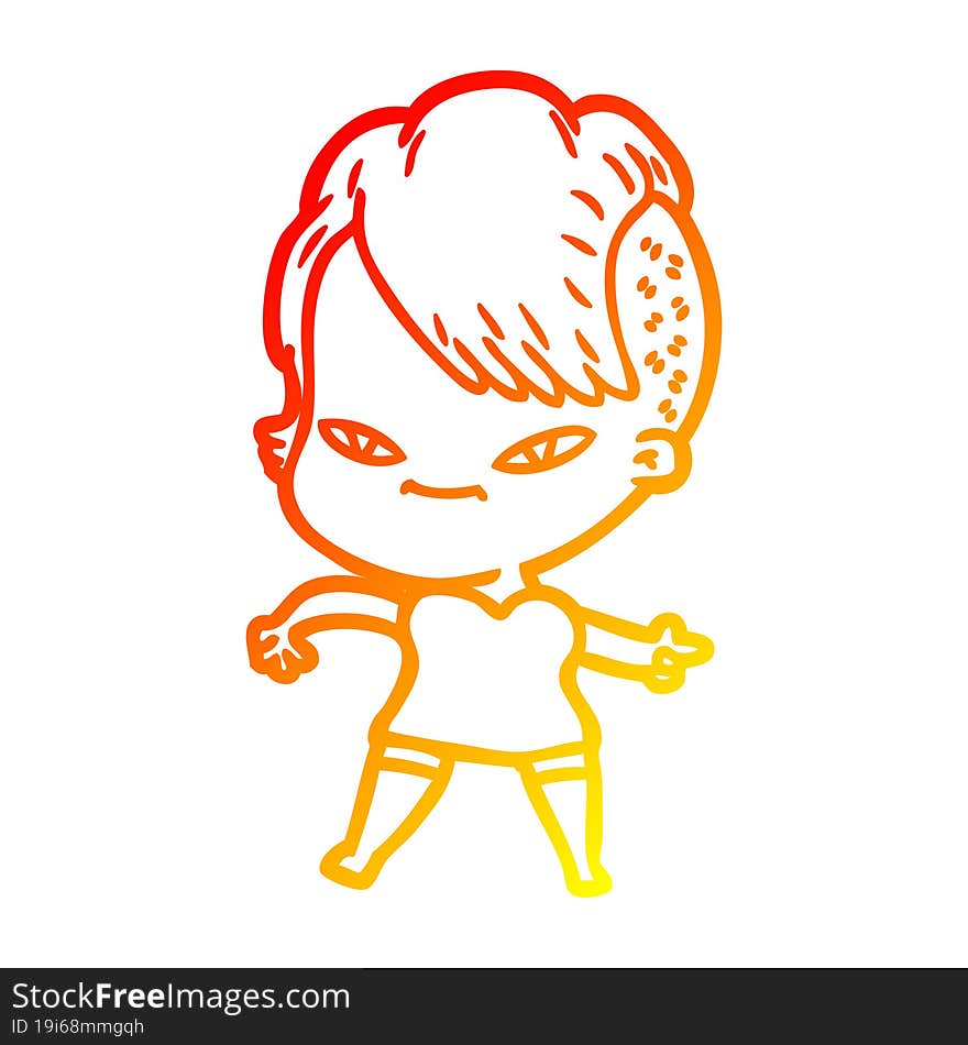 warm gradient line drawing of a cute cartoon girl with hipster haircut