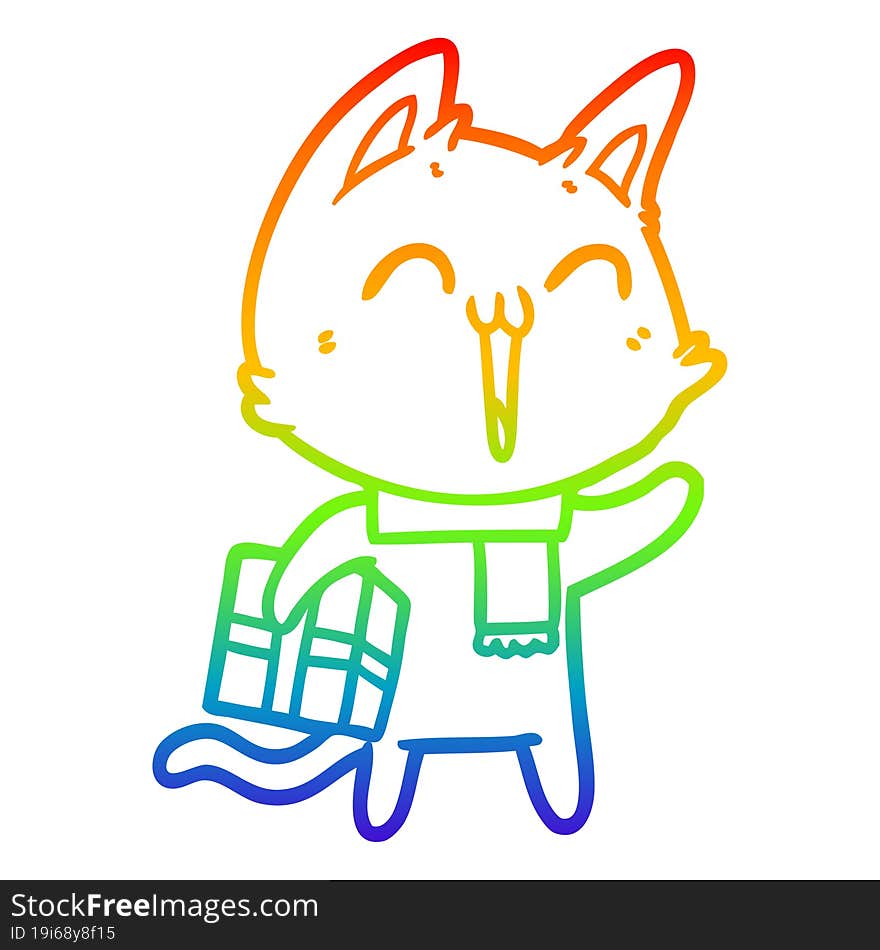 rainbow gradient line drawing happy cartoon cat with christmas gift