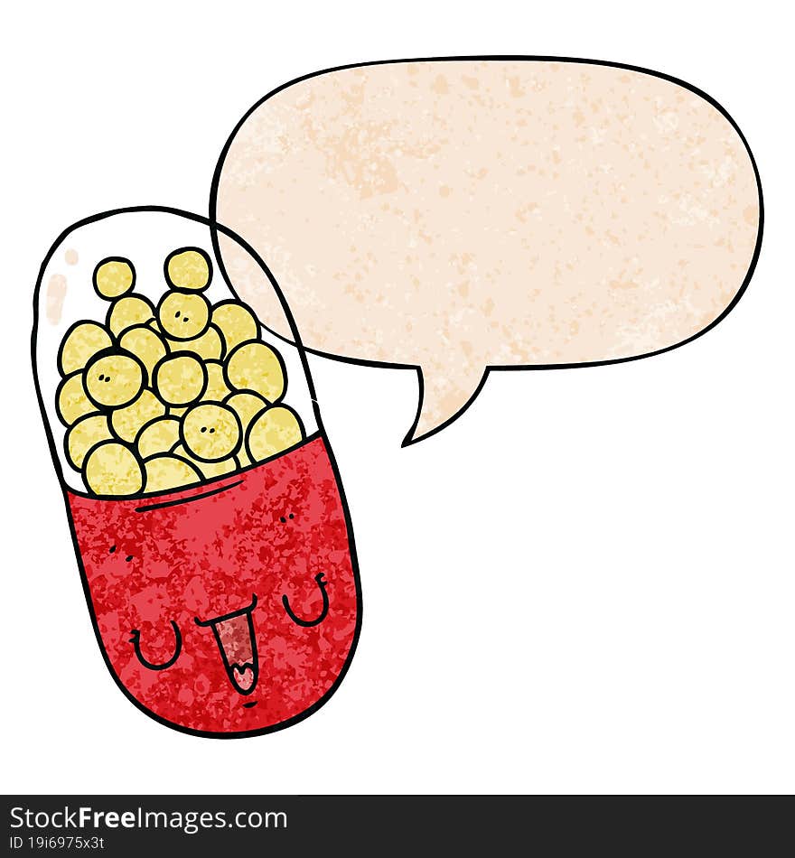 cartoon medical pill and speech bubble in retro texture style