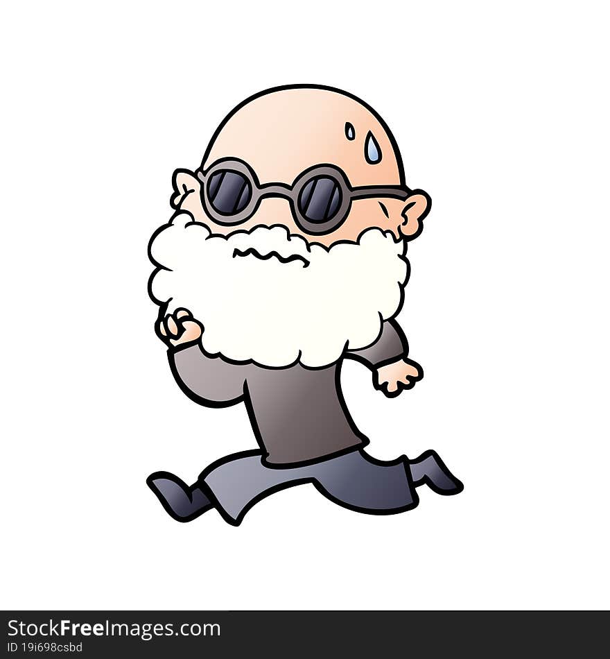 cartoon running man with beard and sunglasses sweating. cartoon running man with beard and sunglasses sweating