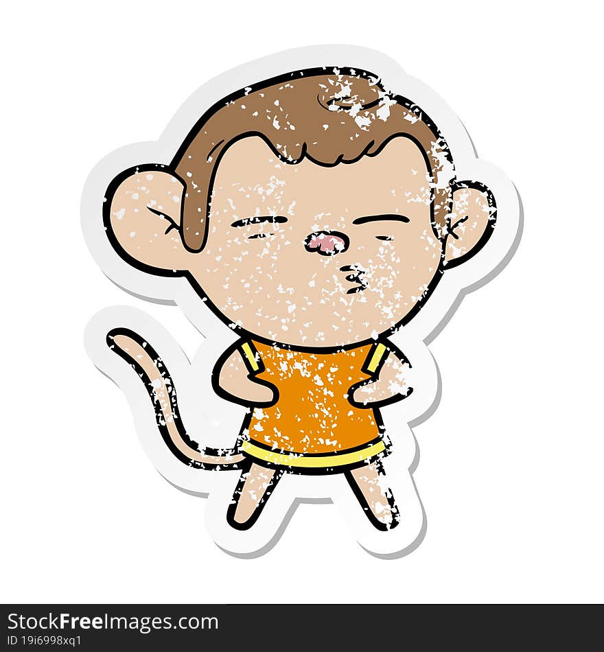 distressed sticker of a cartoon suspicious monkey