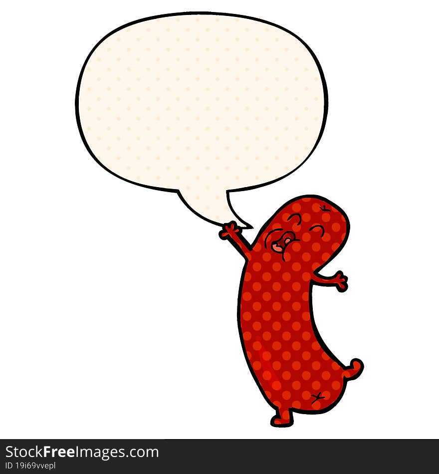 cartoon dancing sausage and speech bubble in comic book style