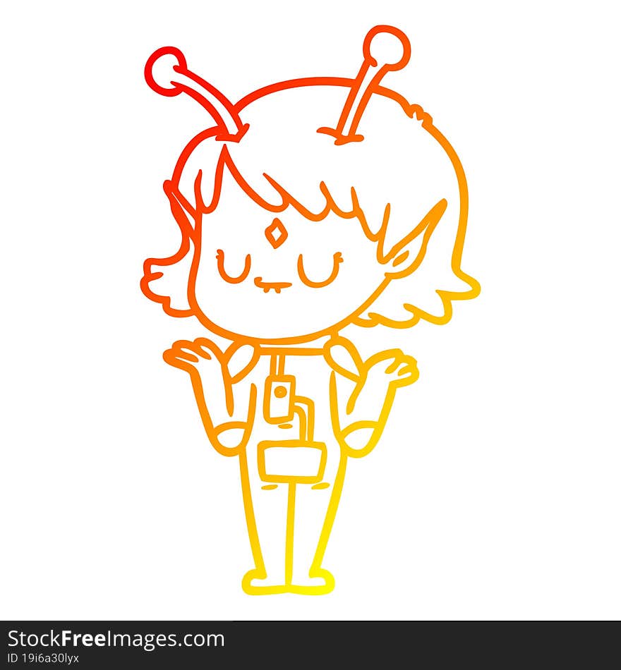 warm gradient line drawing of a cartoon alien girl