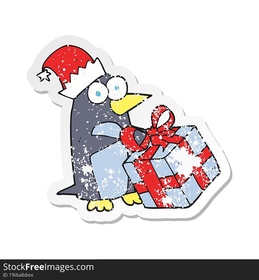 Retro Distressed Sticker Of A Cartoon Christmas Penguin