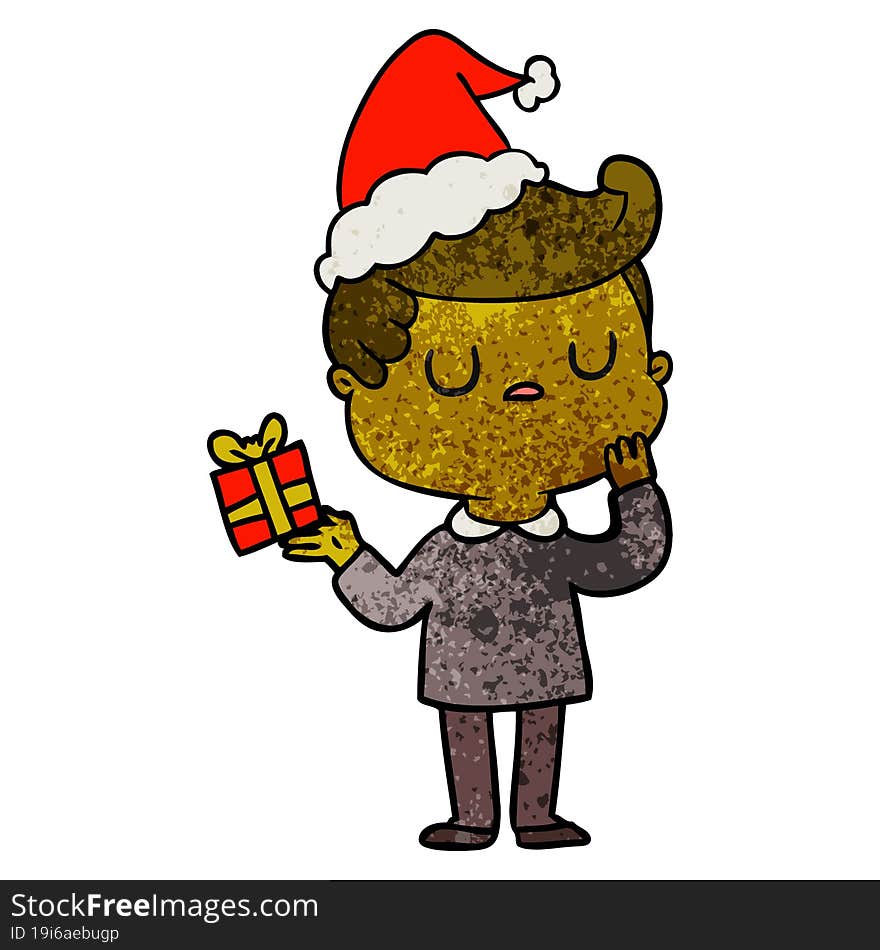 hand drawn textured cartoon of a man wondering wearing santa hat