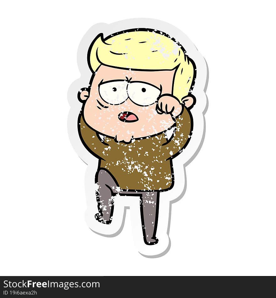 distressed sticker of a cartoon tired man