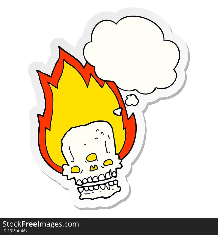 spooky cartoon flaming skull and thought bubble as a printed sticker