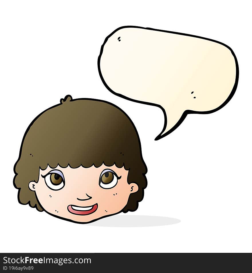 cartoon happy female face with speech bubble