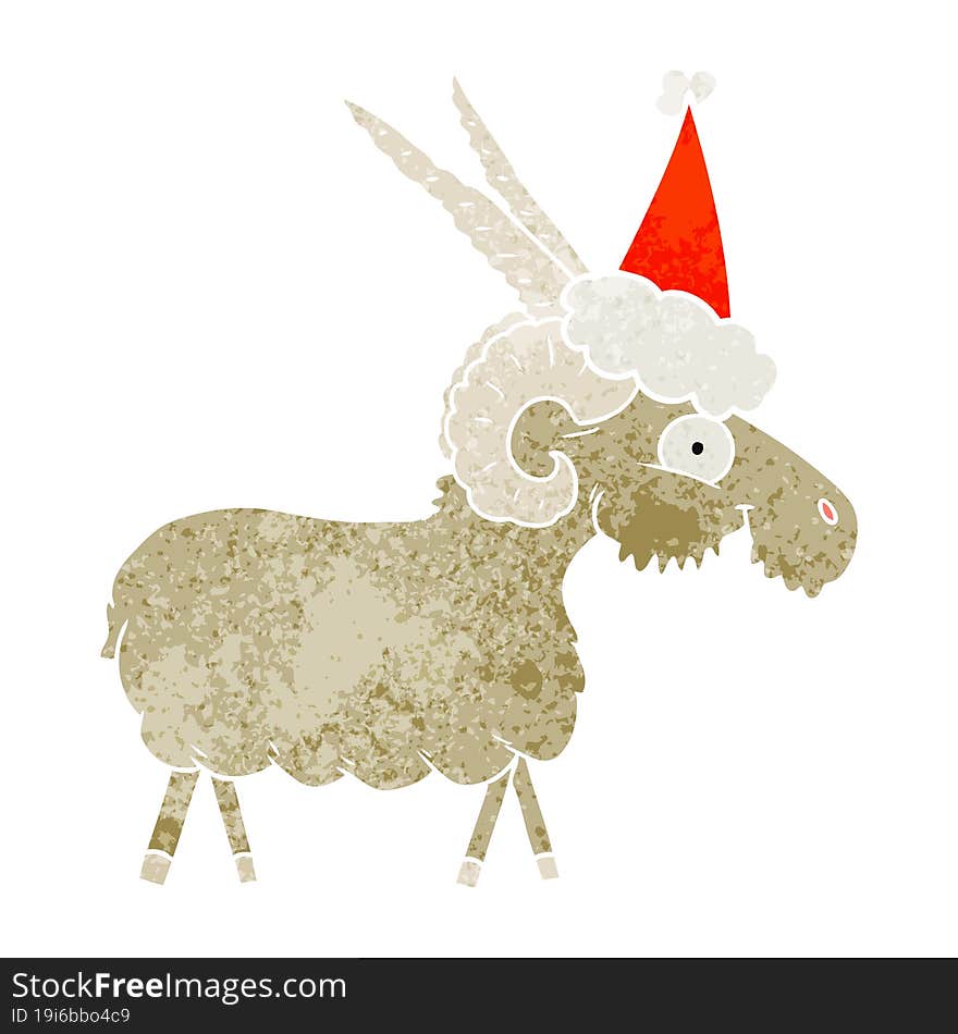 hand drawn retro cartoon of a goat wearing santa hat