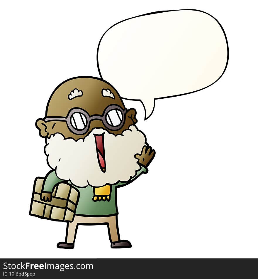 cartoon joyful man with beard and parcel under arm with speech bubble in smooth gradient style