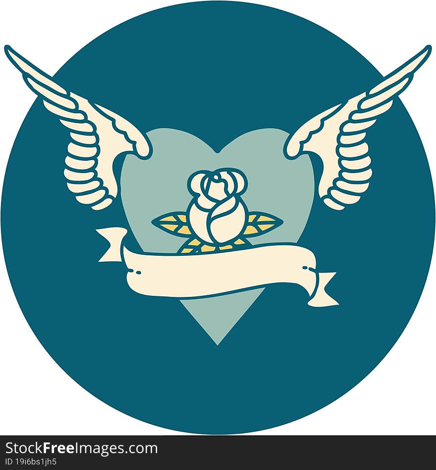 iconic tattoo style image of heart with wings a rose and banner. iconic tattoo style image of heart with wings a rose and banner