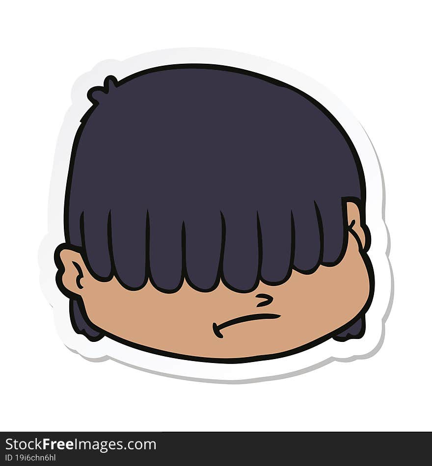 sticker of a cartoon face with hair over eyes