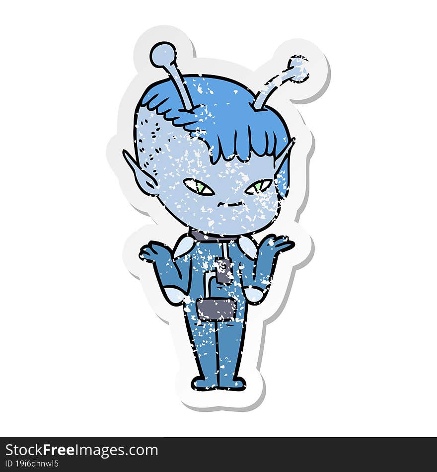 distressed sticker of a cute cartoon alien girl