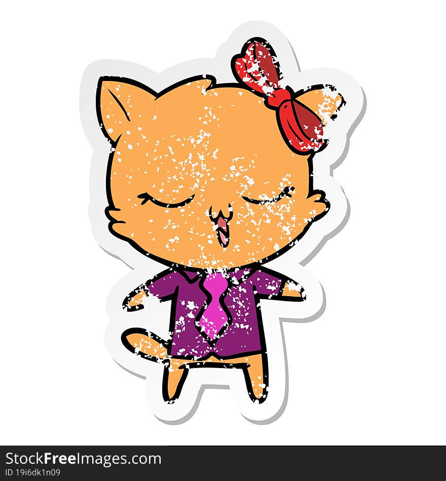 distressed sticker of a cartoon cat with bow on head