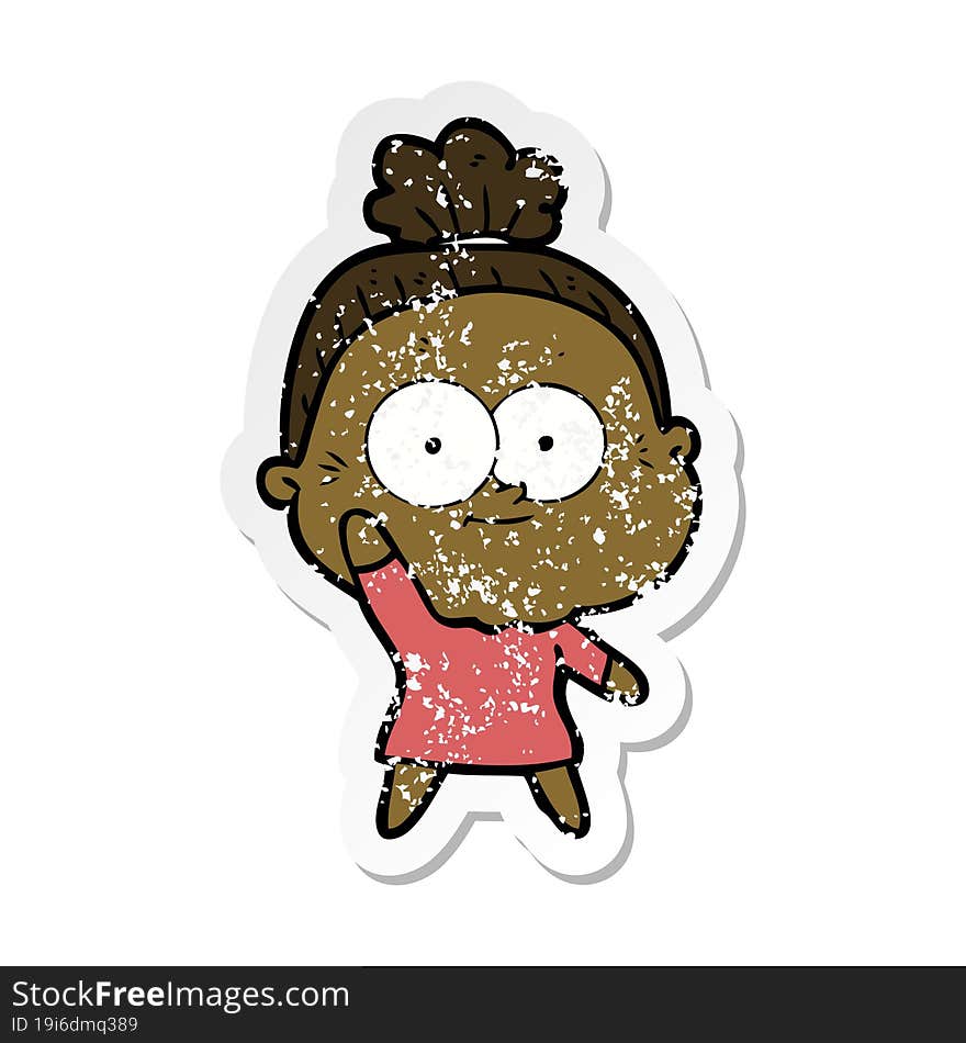 distressed sticker of a cartoon happy old woman