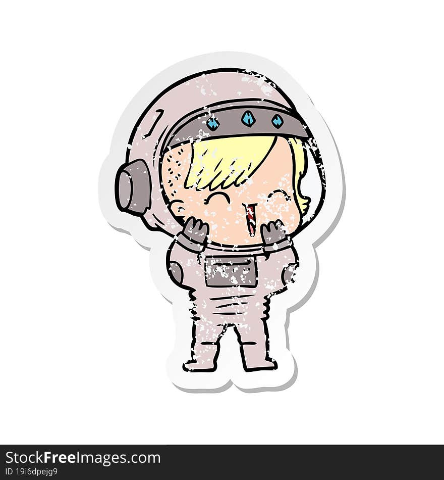 distressed sticker of a cartoon laughing astronaut girl