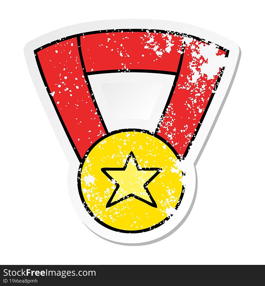 distressed sticker of a cute cartoon gold medal