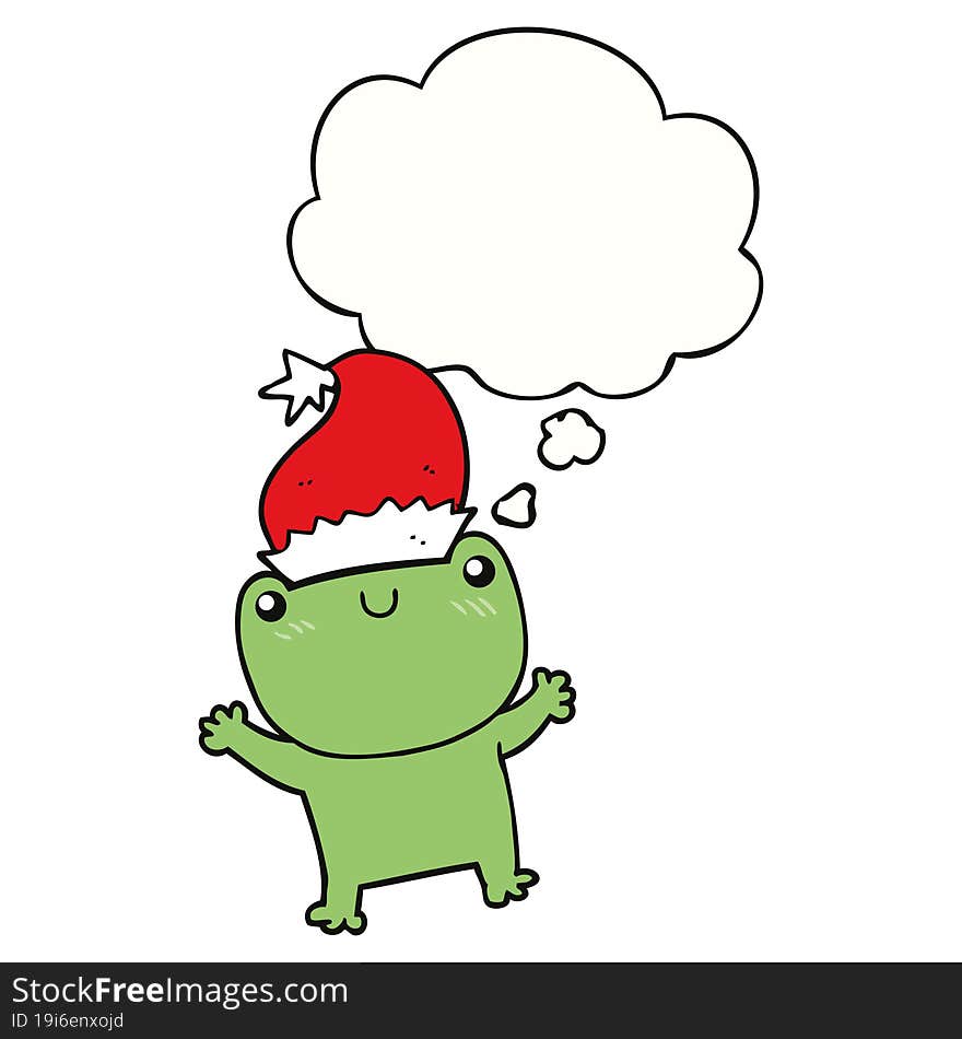 cute cartoon frog wearing christmas hat and thought bubble