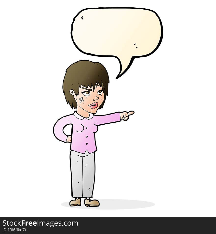 cartoon woman pointing with speech bubble