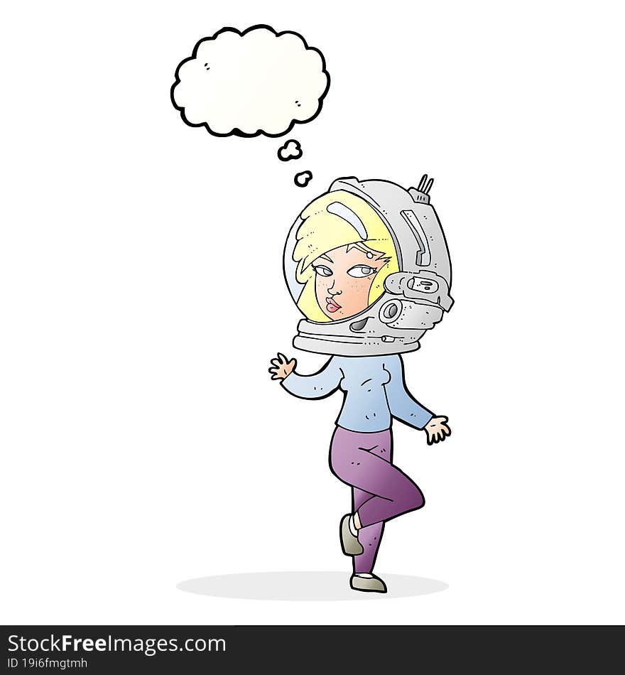 cartoon woman wearing space helmet with thought bubble