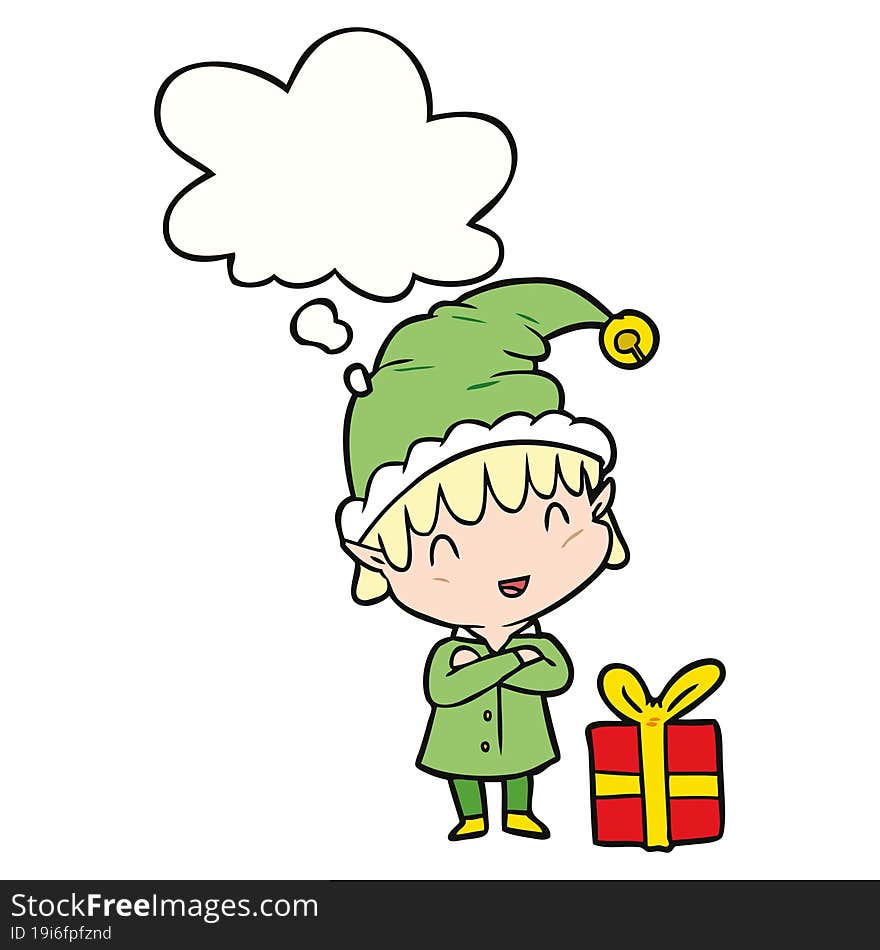 cartoon happy christmas elf and thought bubble