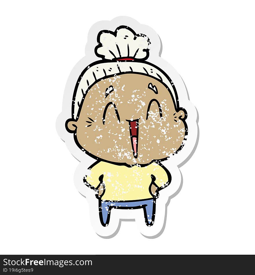 distressed sticker of a cartoon happy old lady