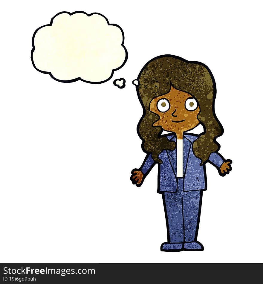 cartoon friendly business woman with thought bubble