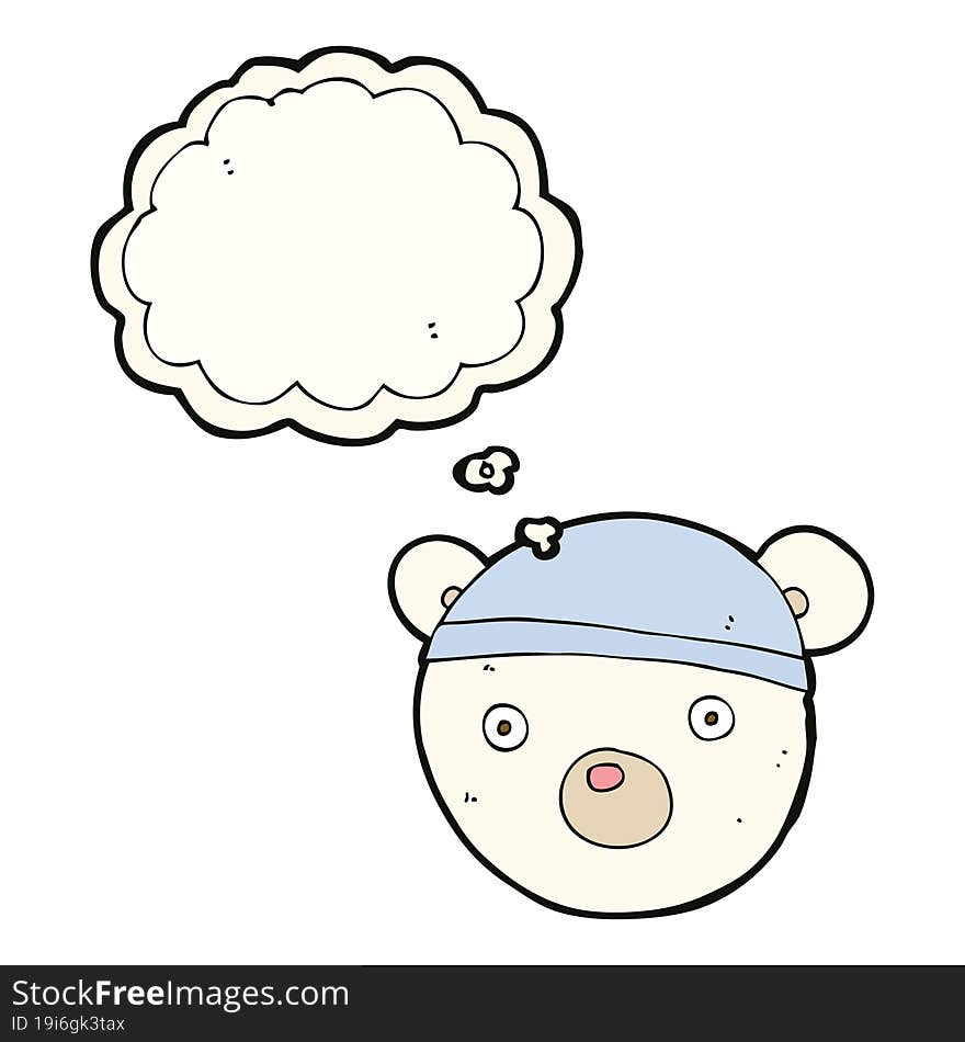 cartoon polar bear cub wearing hat with thought bubble