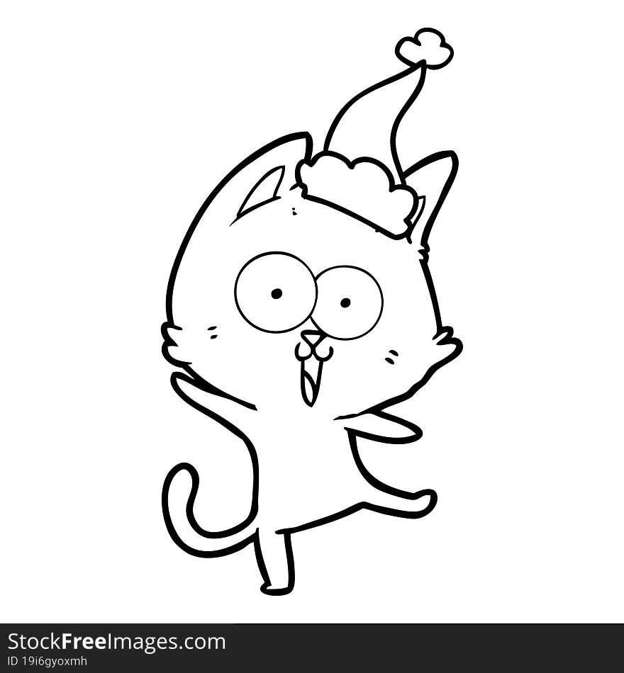 funny line drawing of a cat wearing santa hat