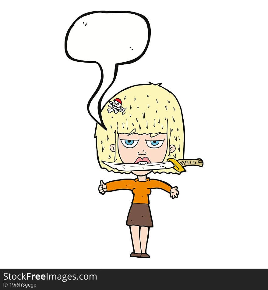 cartoon woman with knife between teeth with speech bubble