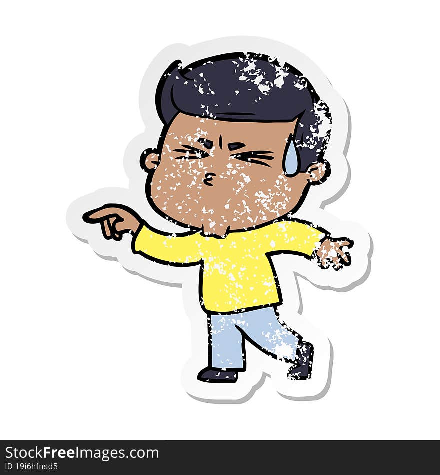 Distressed Sticker Of A Cartoon Man Sweating