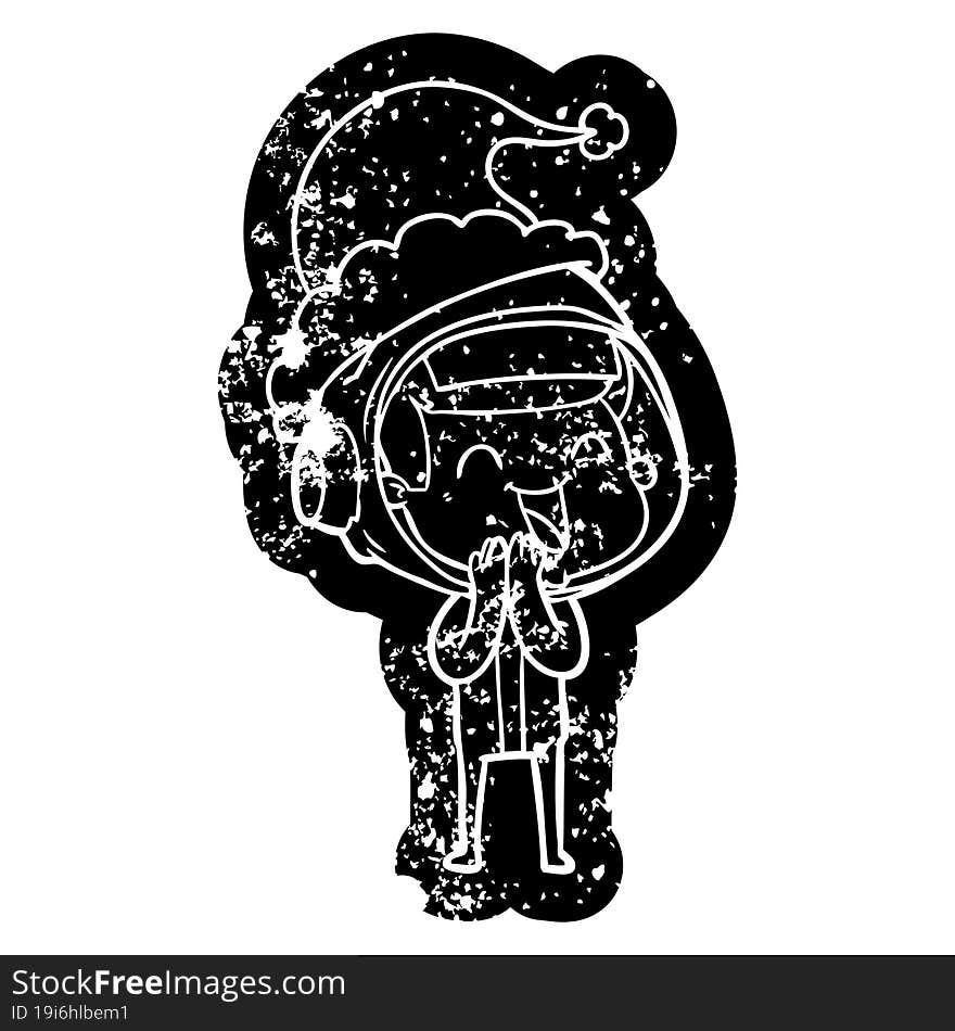 happy quirky cartoon distressed icon of a astronaut wearing santa hat