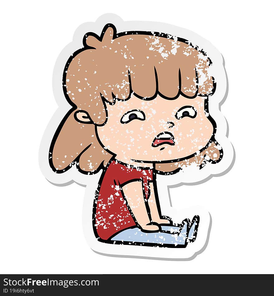 distressed sticker of a cartoon worried woman