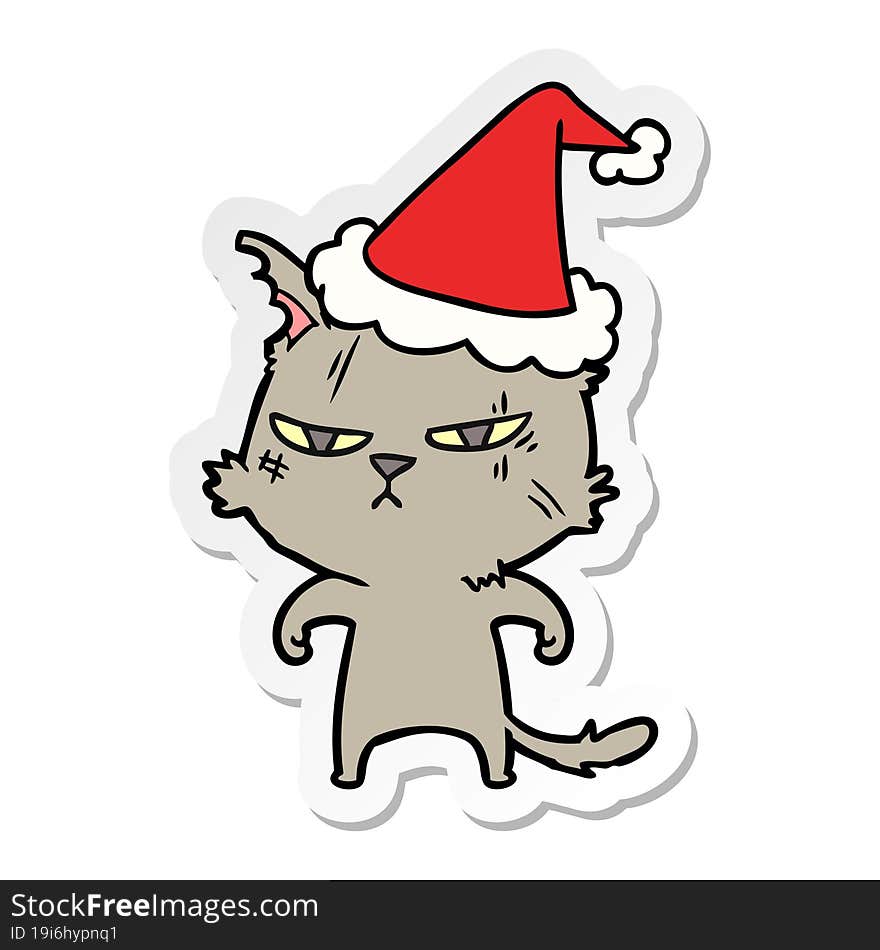 tough sticker cartoon of a cat wearing santa hat