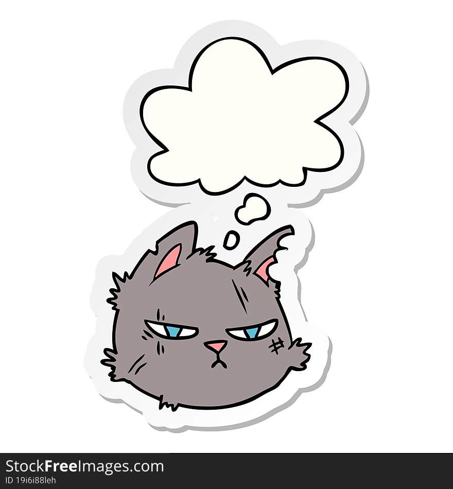 cartoon tough cat face with thought bubble as a printed sticker