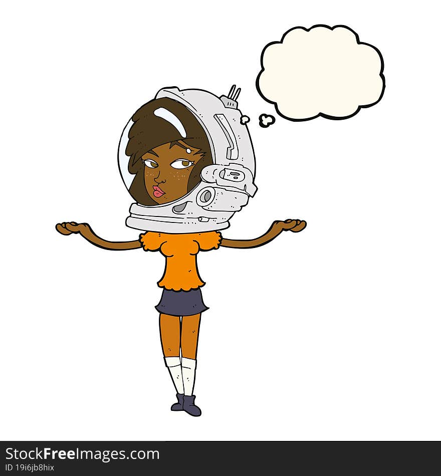 cartoon woman wearing space helmet with thought bubble