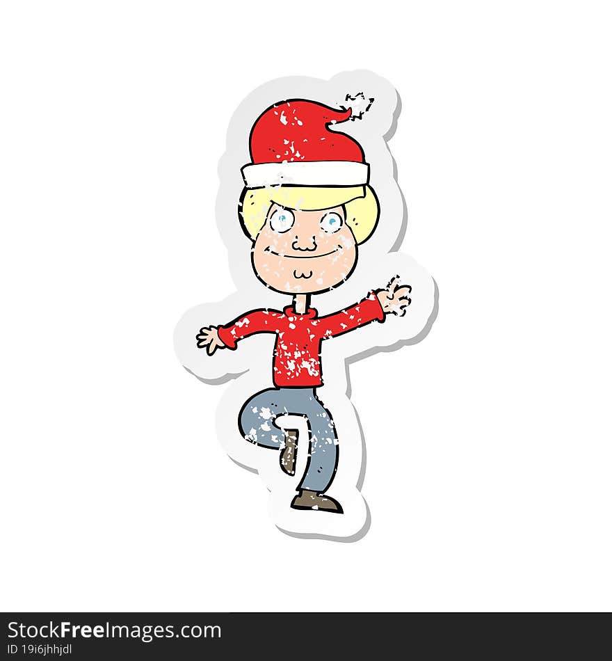 Retro Distressed Sticker Of A Cartoon Man Ready For Christmas