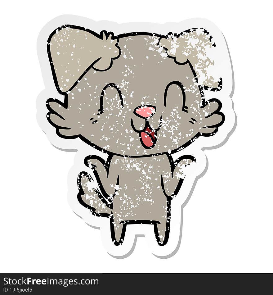 distressed sticker of a laughing cartoon dog shrugging shoulders