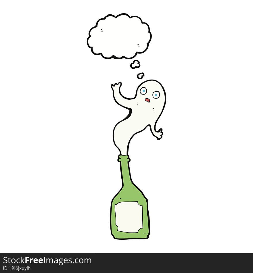 cartoon ghost in bottle with thought bubble