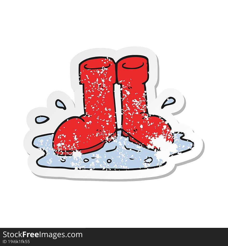 retro distressed sticker of a cartoon wellington boots in puddle