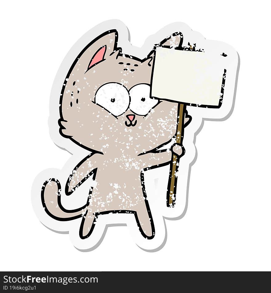 distressed sticker of a cartoon cat with placard