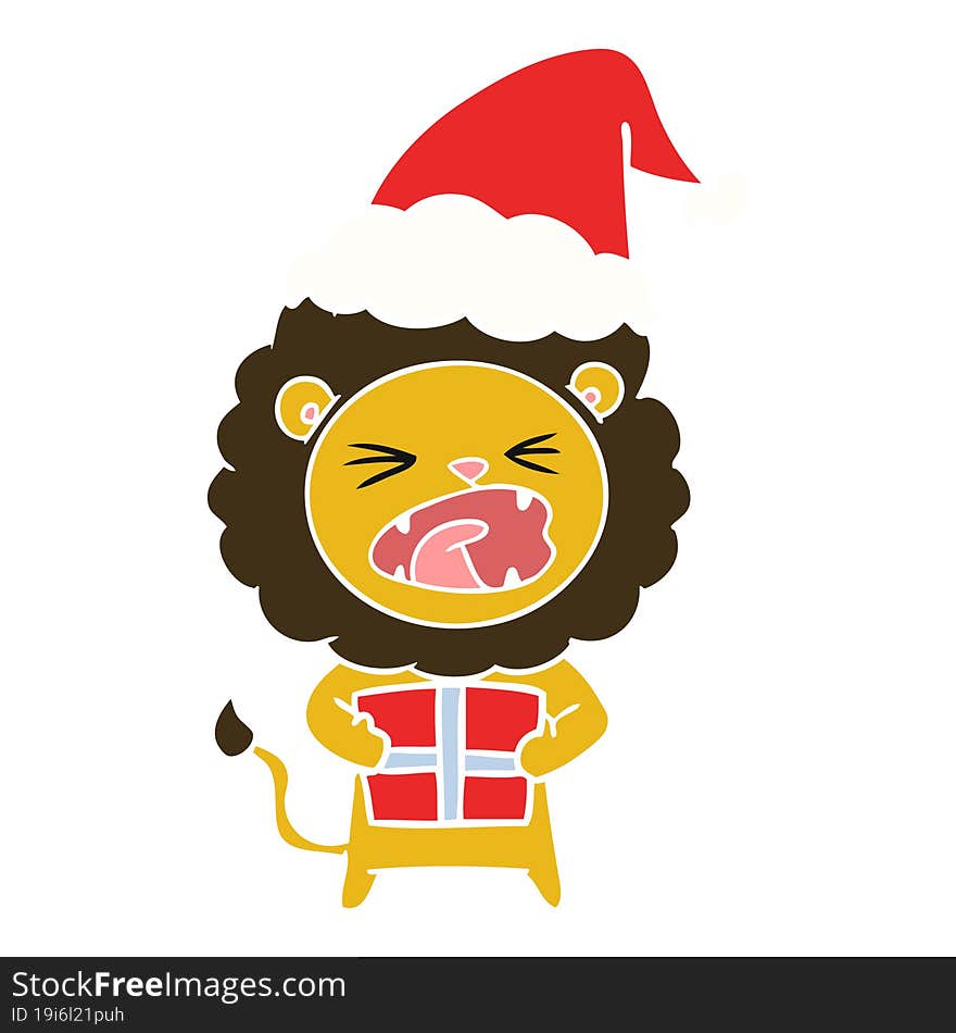 hand drawn flat color illustration of a lion with christmas present wearing santa hat