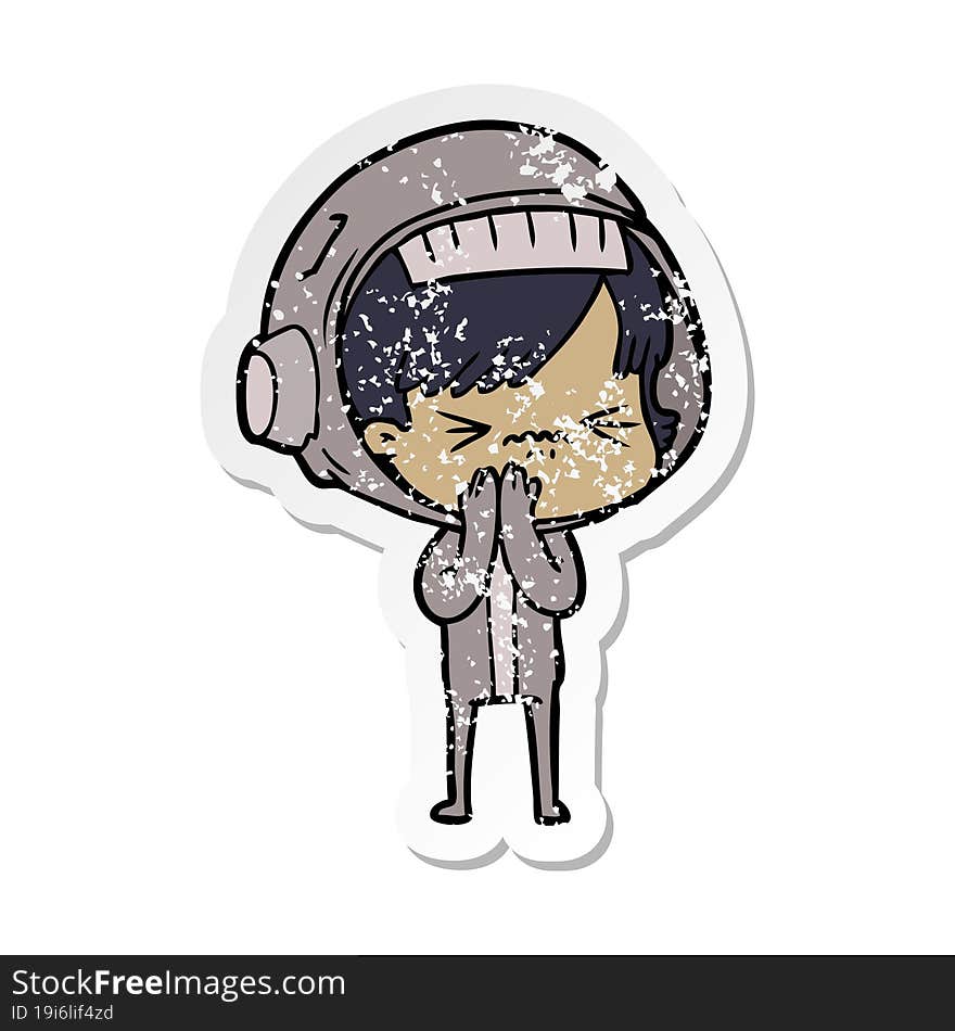 distressed sticker of a angry cartoon space girl