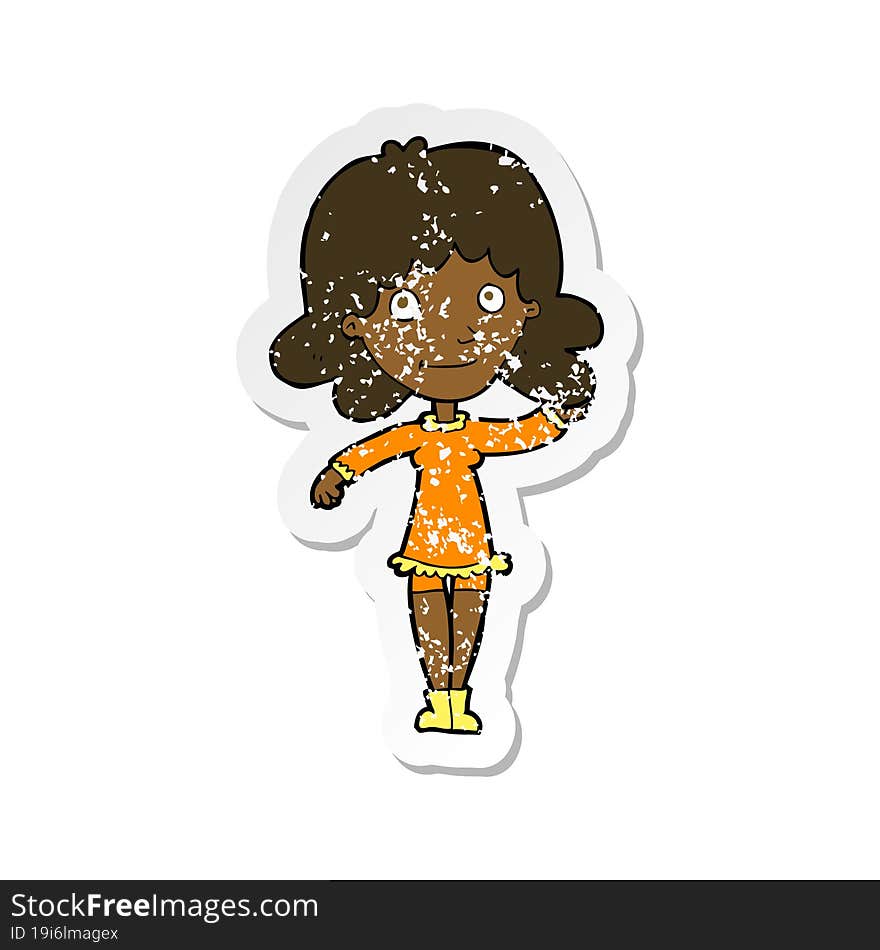 retro distressed sticker of a cartoon friendly woman waving