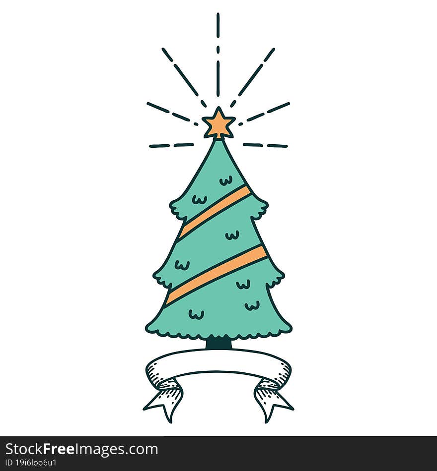 banner with tattoo style christmas tree with star