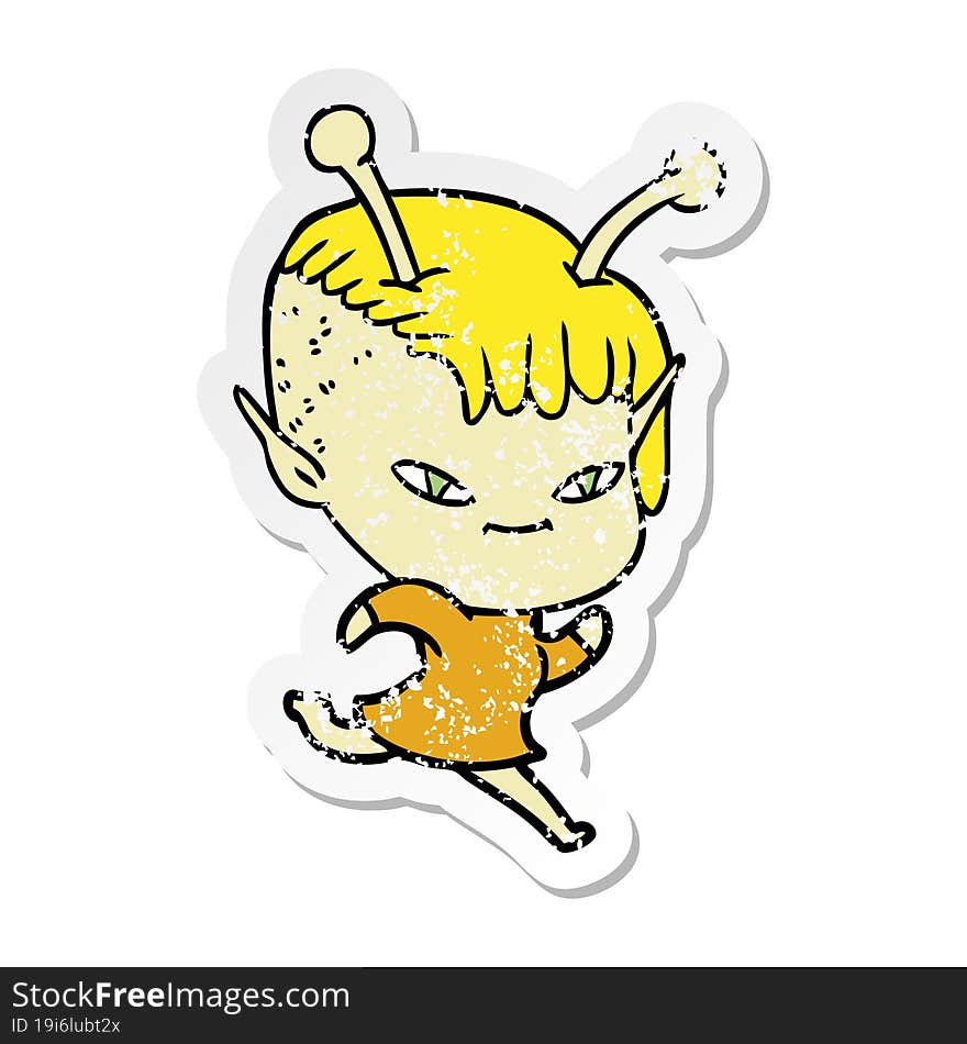 distressed sticker of a cute cartoon alien girl